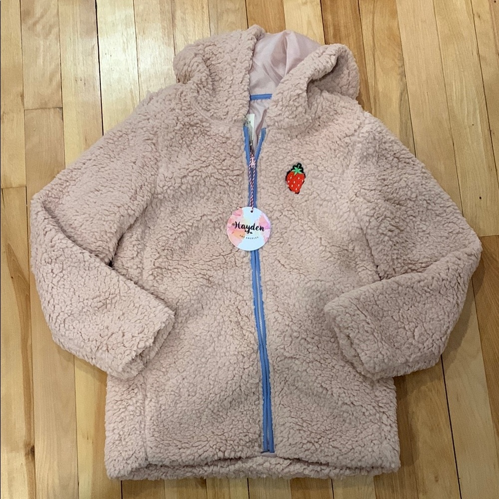 Hayden Girls Light Pink Sherpa Jacket with Strawberry Patch - Full Zip - Size 14